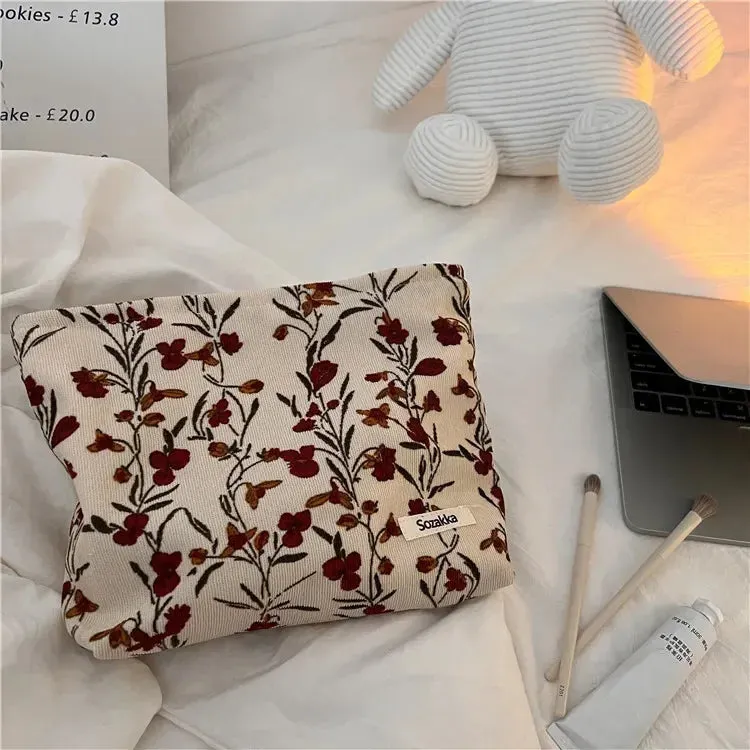 Corduroy Makeup Bag Organizer Clutch Retro Flower Print Cosmetic Bag Travel Make Up Pouch Beauty Storage Cases