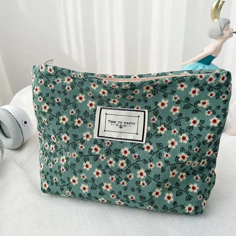 Corduroy Makeup Bag Organizer Clutch Retro Flower Print Cosmetic Bag Travel Make Up Pouch Beauty Storage Cases