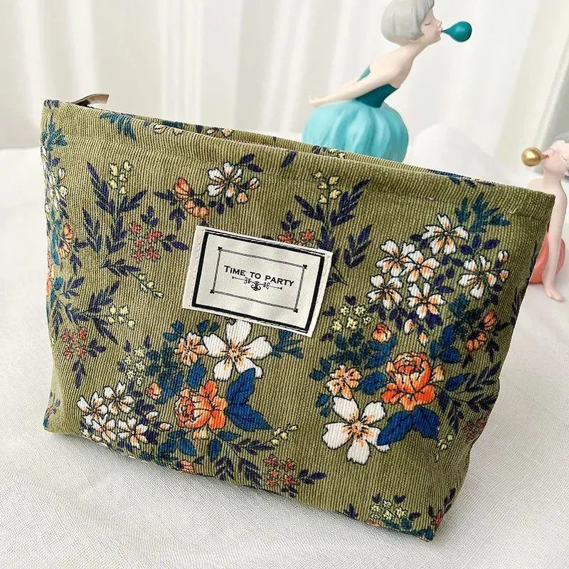 Corduroy Makeup Bag Organizer Clutch Retro Flower Print Cosmetic Bag Travel Make Up Pouch Beauty Storage Cases