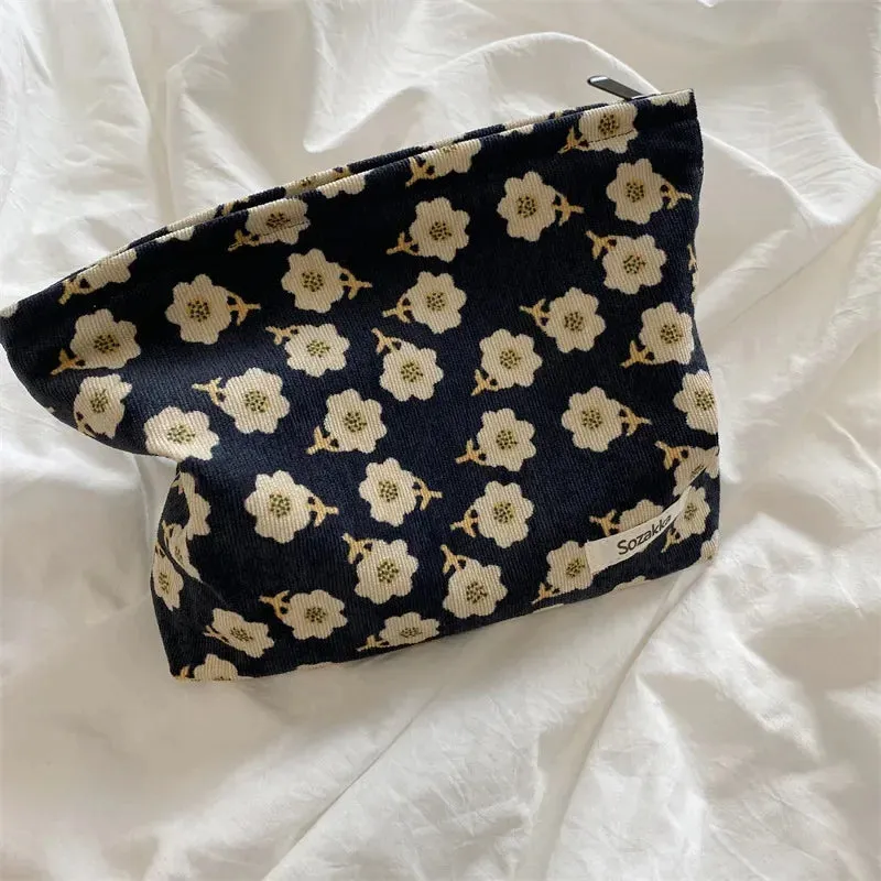 Corduroy Makeup Bag Organizer Clutch Retro Flower Print Cosmetic Bag Travel Make Up Pouch Beauty Storage Cases