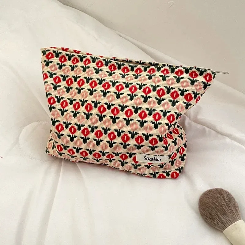 Corduroy Makeup Bag Organizer Clutch Retro Flower Print Cosmetic Bag Travel Make Up Pouch Beauty Storage Cases