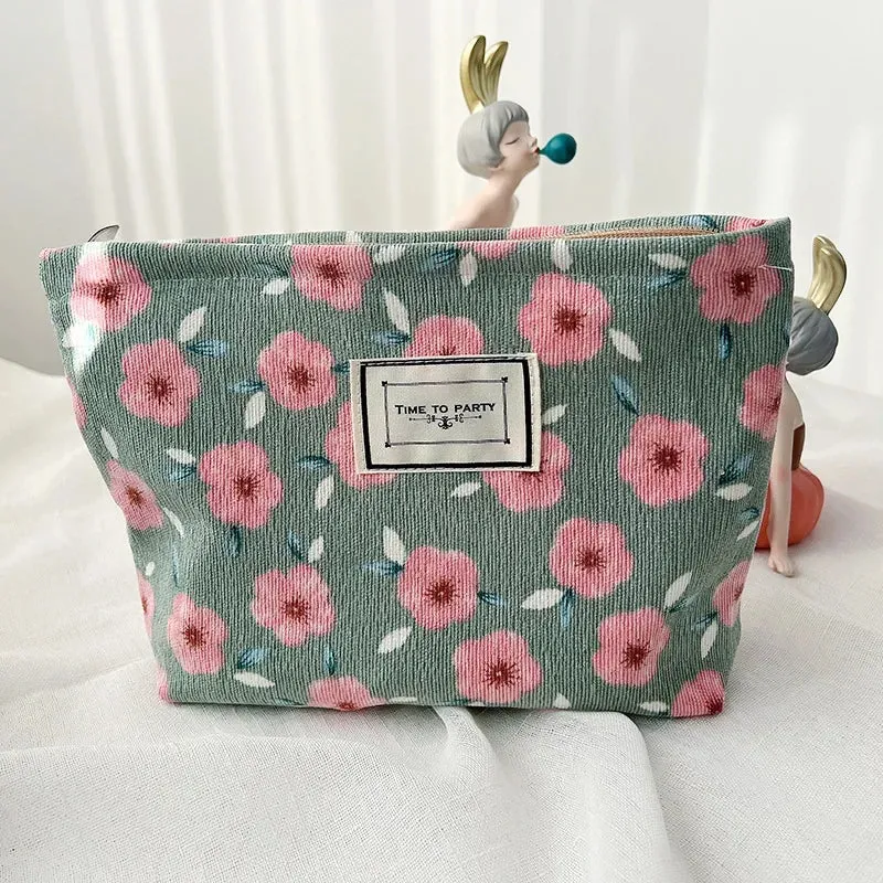 Corduroy Makeup Bag Organizer Clutch Retro Flower Print Cosmetic Bag Travel Make Up Pouch Beauty Storage Cases