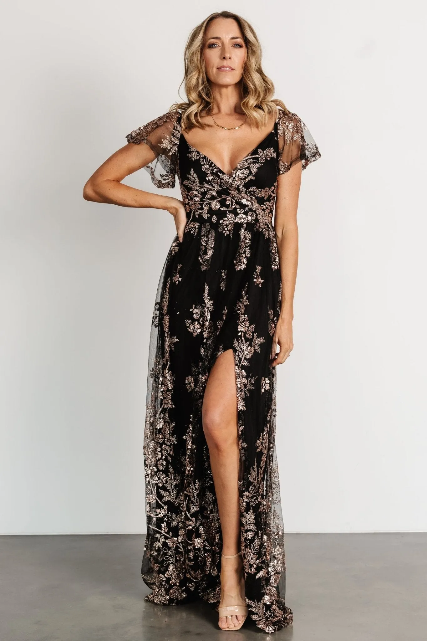 Corinne Shimmer Maxi Gown | Black   Rose Gold