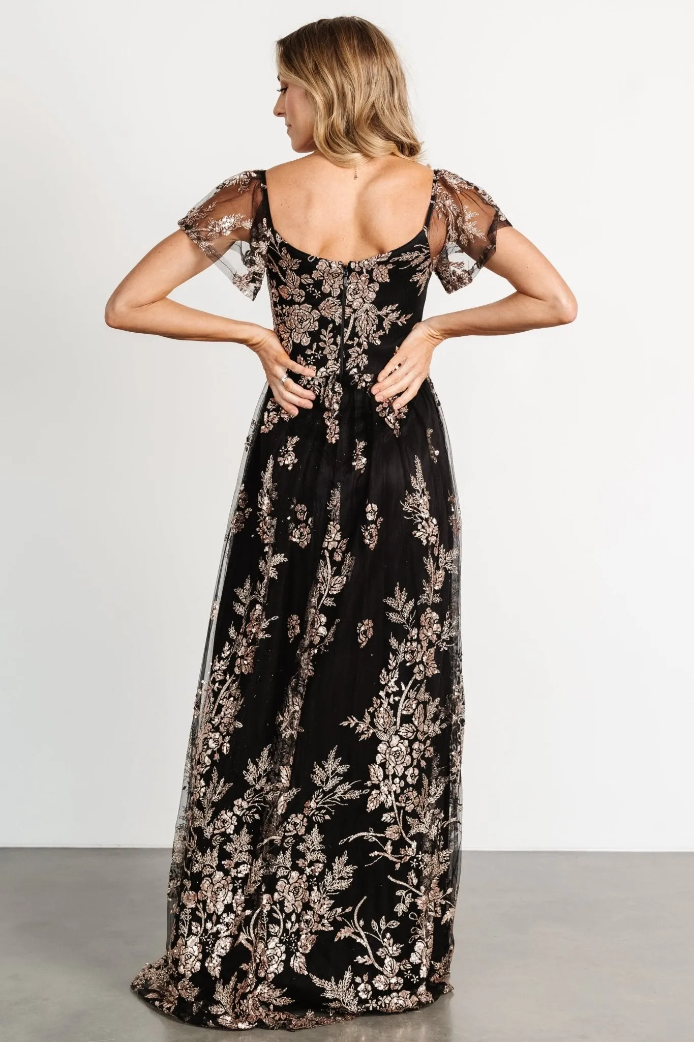 Corinne Shimmer Maxi Gown | Black   Rose Gold