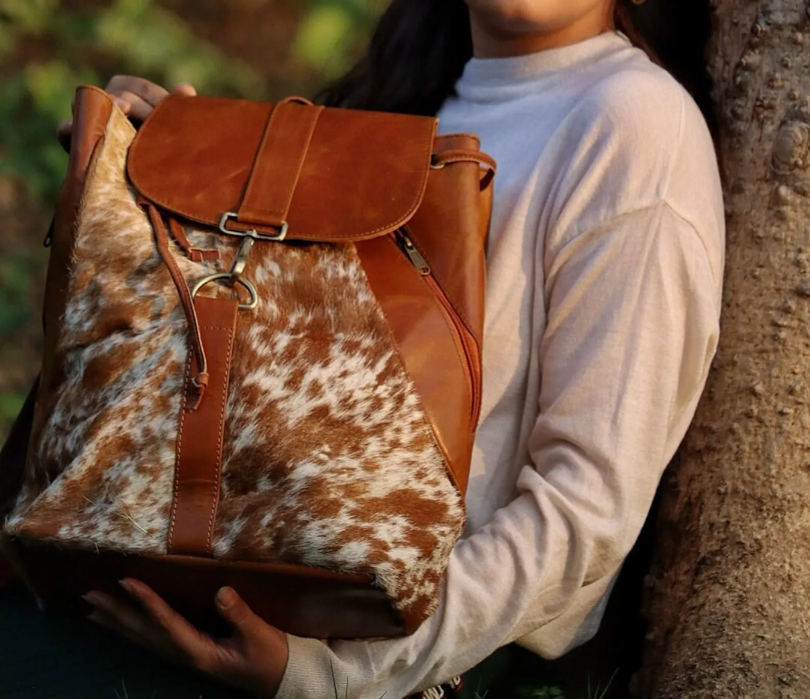 Cowhide Office Travel Backpack Brown White