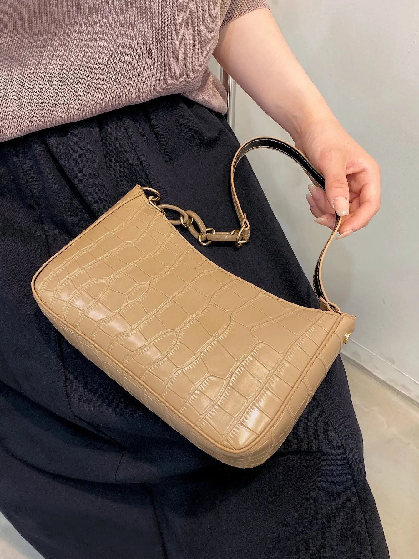 Croc Embossed Baguette Bag