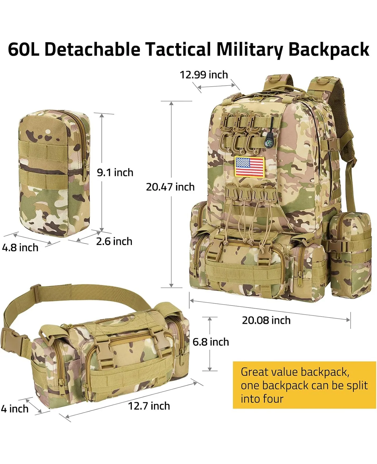 CVLIFE 60L Tactical Backpack for Men Women Military Large Army Rucksack