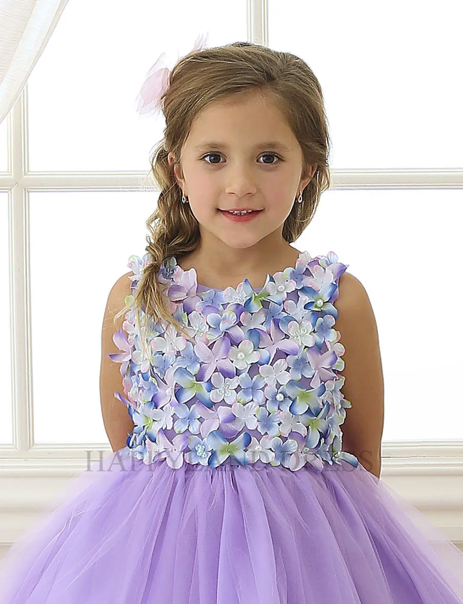 D630 Lilac Satin & Tulle Dress with Floral Accents Girl Dress