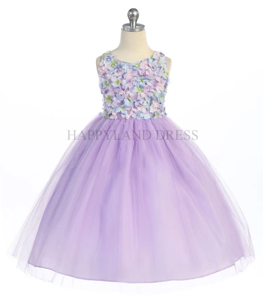 D630 Lilac Satin & Tulle Dress with Floral Accents Girl Dress