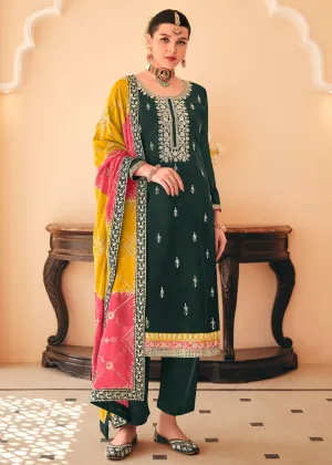 Dazzling Green Embroidered Chinnon Pant Style Salwar Kurta