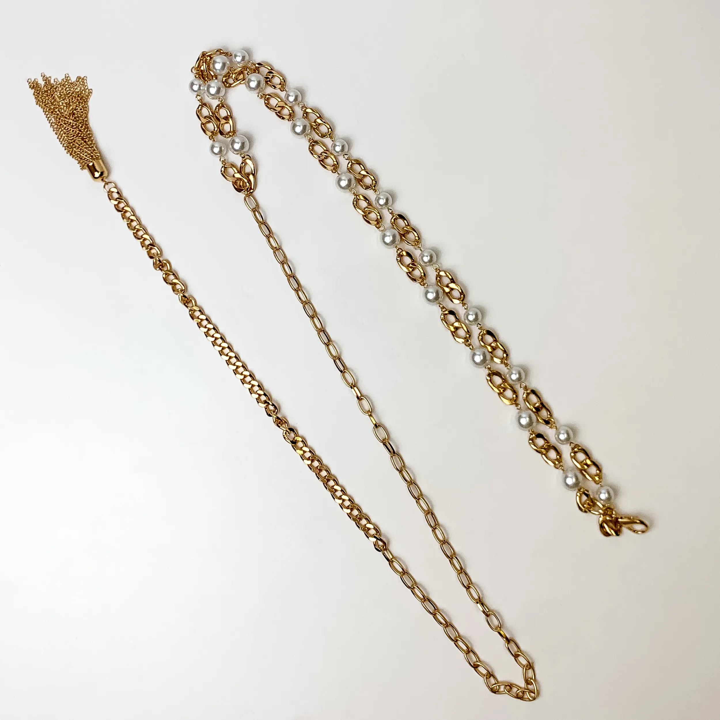 Dazzling Pearl Gold Tone Belt with Fringe