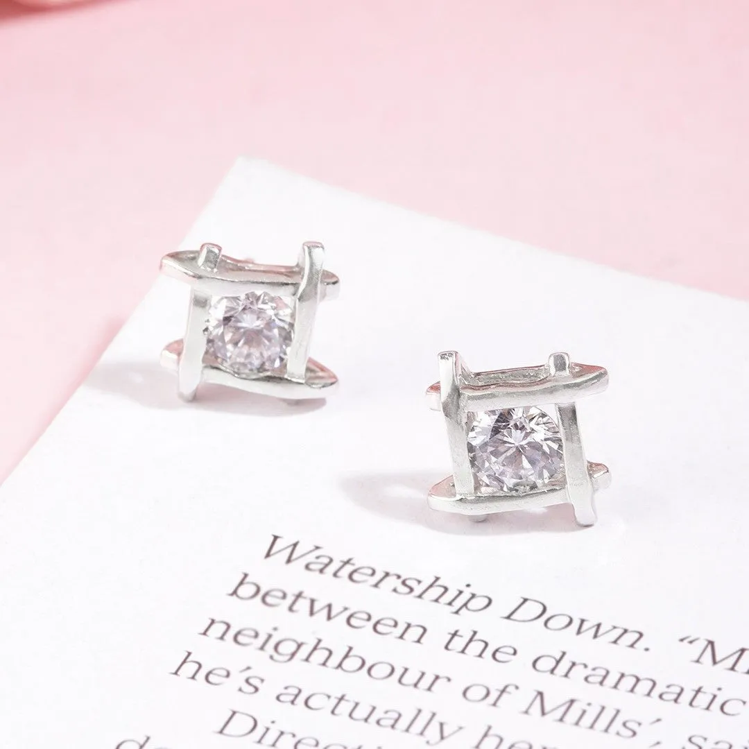 Dazzling Square Sparkle 925 Sterling Silver Stud Earrings