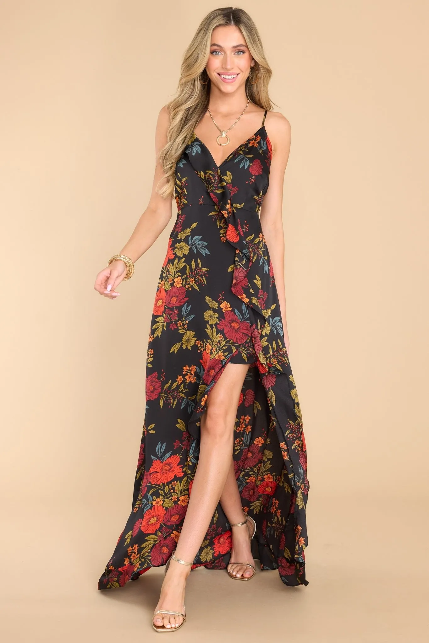 Dazzling Twilight Black Floral Print Maxi Dress