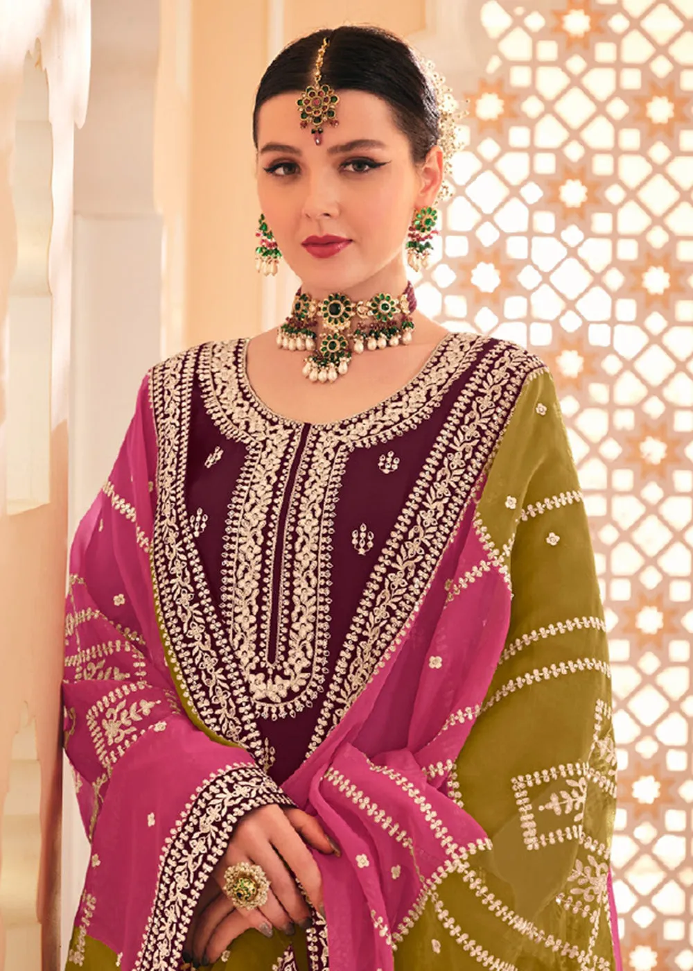 Dazzling Wine Embroidered Chinnon Palazzo Salwar Kurta