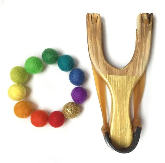 Deluxe Rainbow Wooden Slingshot With Gold Ball