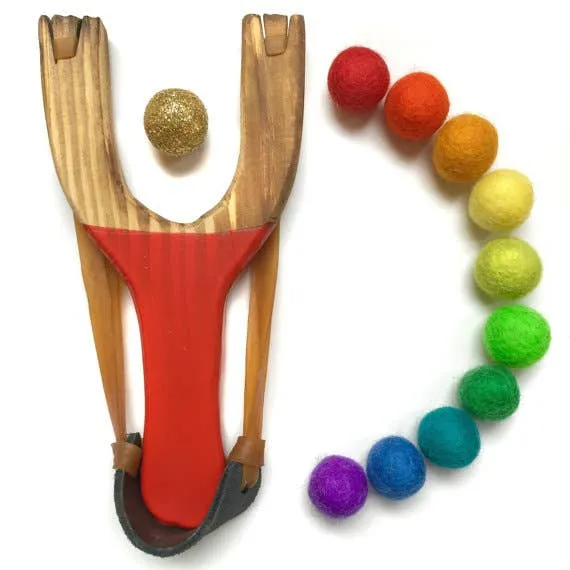 Deluxe Rainbow Wooden Slingshot With Gold Ball