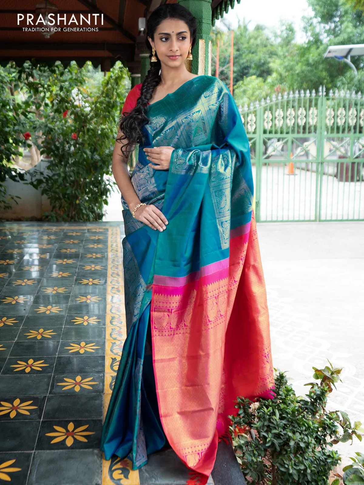 Dha - Pure kanjivaram silk saree teal torquise blue and dual shade of pink with zari woven box pattern weaves in borderless style