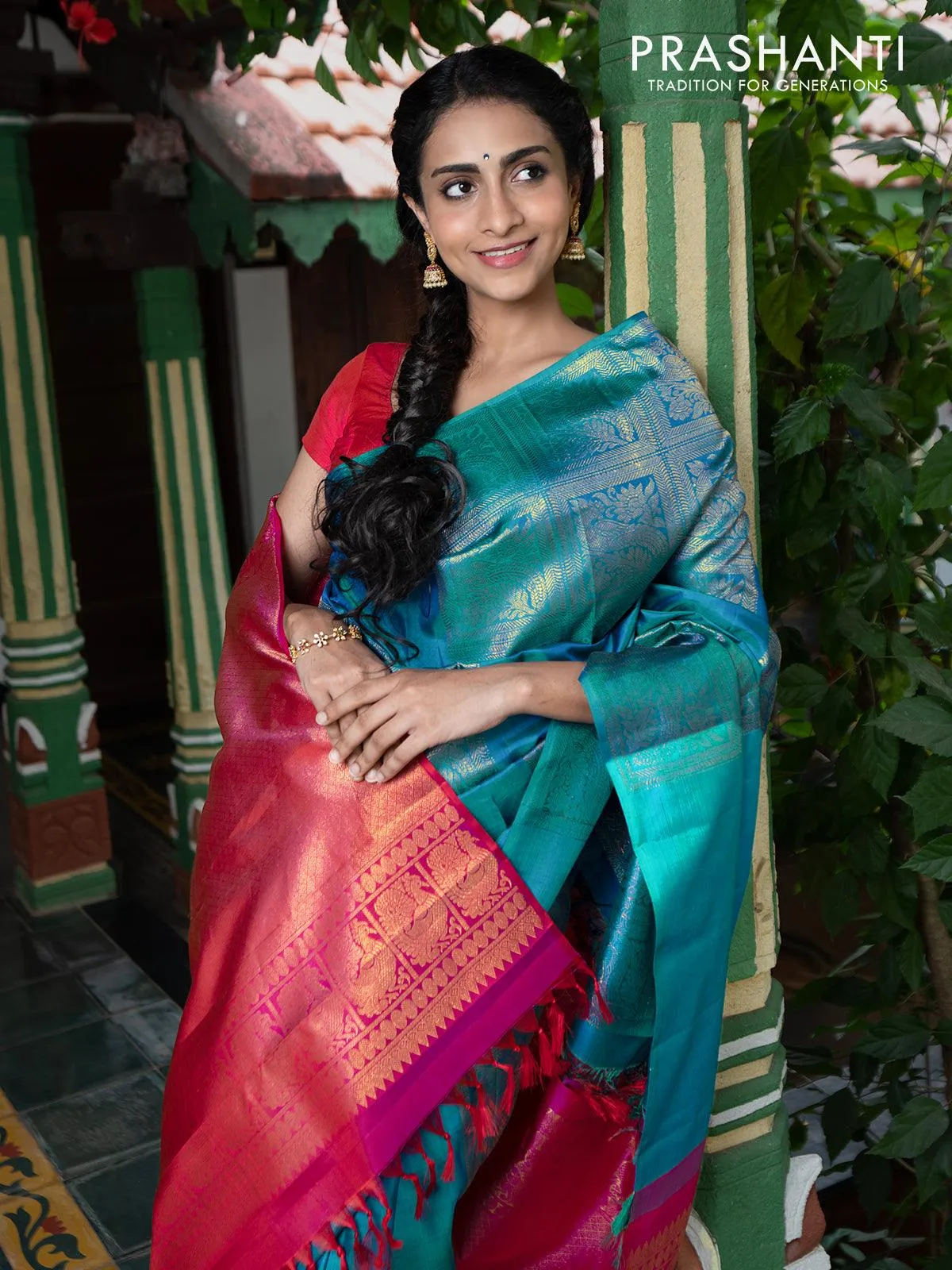 Dha - Pure kanjivaram silk saree teal torquise blue and dual shade of pink with zari woven box pattern weaves in borderless style