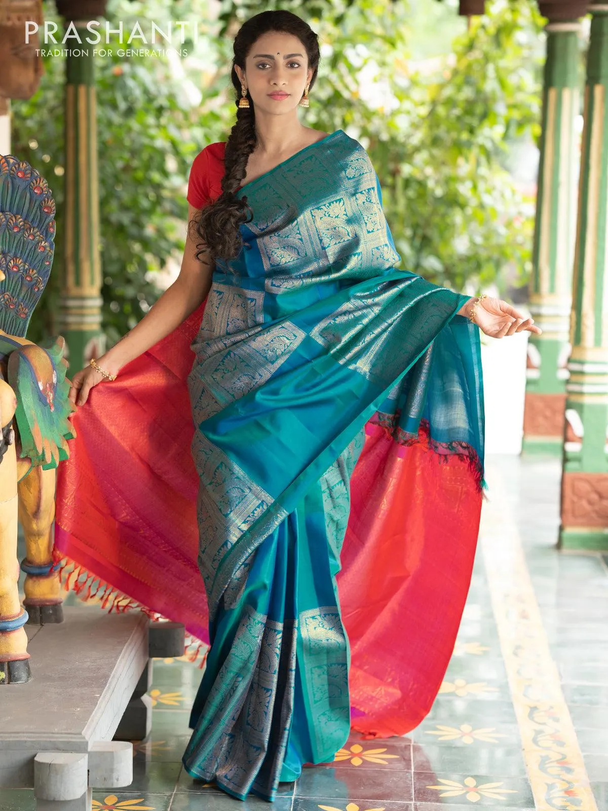 Dha - Pure kanjivaram silk saree teal torquise blue and dual shade of pink with zari woven box pattern weaves in borderless style