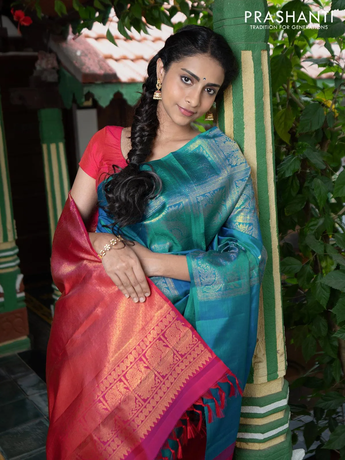 Dha - Pure kanjivaram silk saree teal torquise blue and dual shade of pink with zari woven box pattern weaves in borderless style