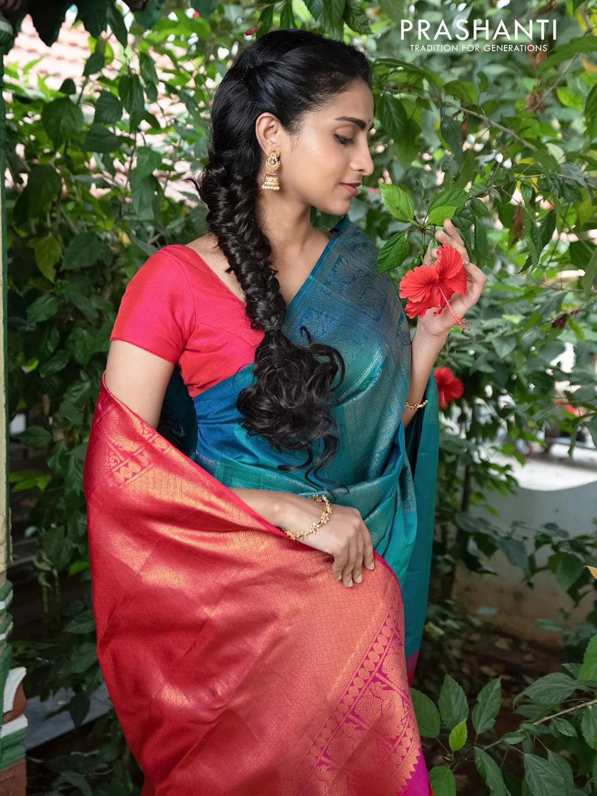 Dha - Pure kanjivaram silk saree teal torquise blue and dual shade of pink with zari woven box pattern weaves in borderless style