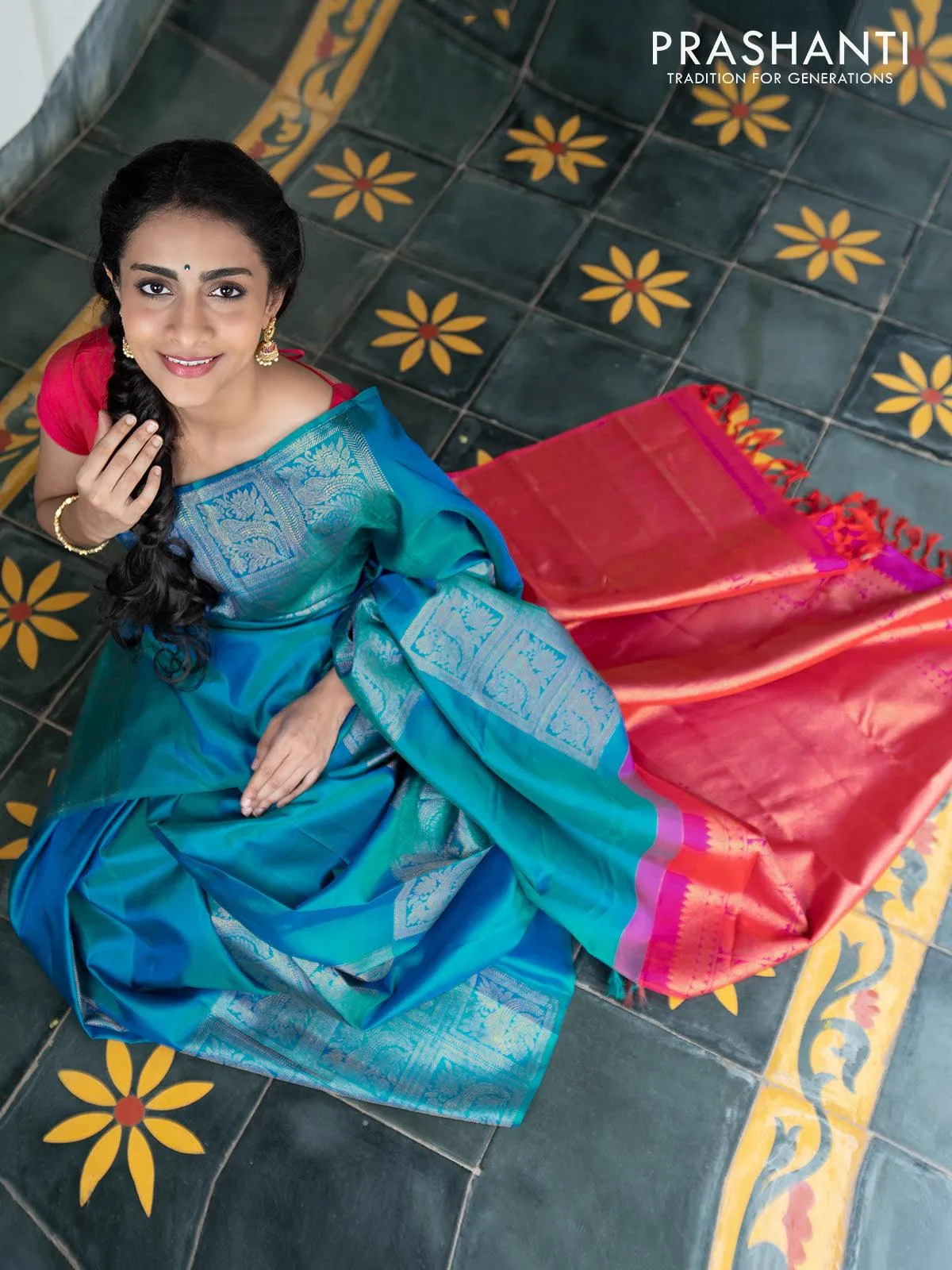 Dha - Pure kanjivaram silk saree teal torquise blue and dual shade of pink with zari woven box pattern weaves in borderless style