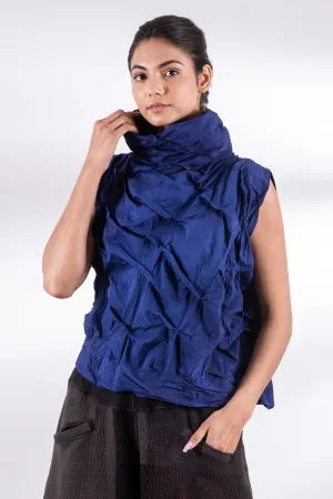 DYED COTTON SILK HEAVY VOILE WAVY TUCK SHELL TOP - dh1553-blu -