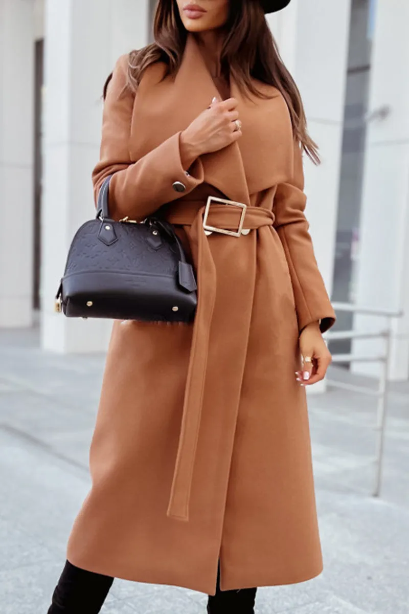 Elegant College Solid Pocket With Belt Turndown Collar Outerwear