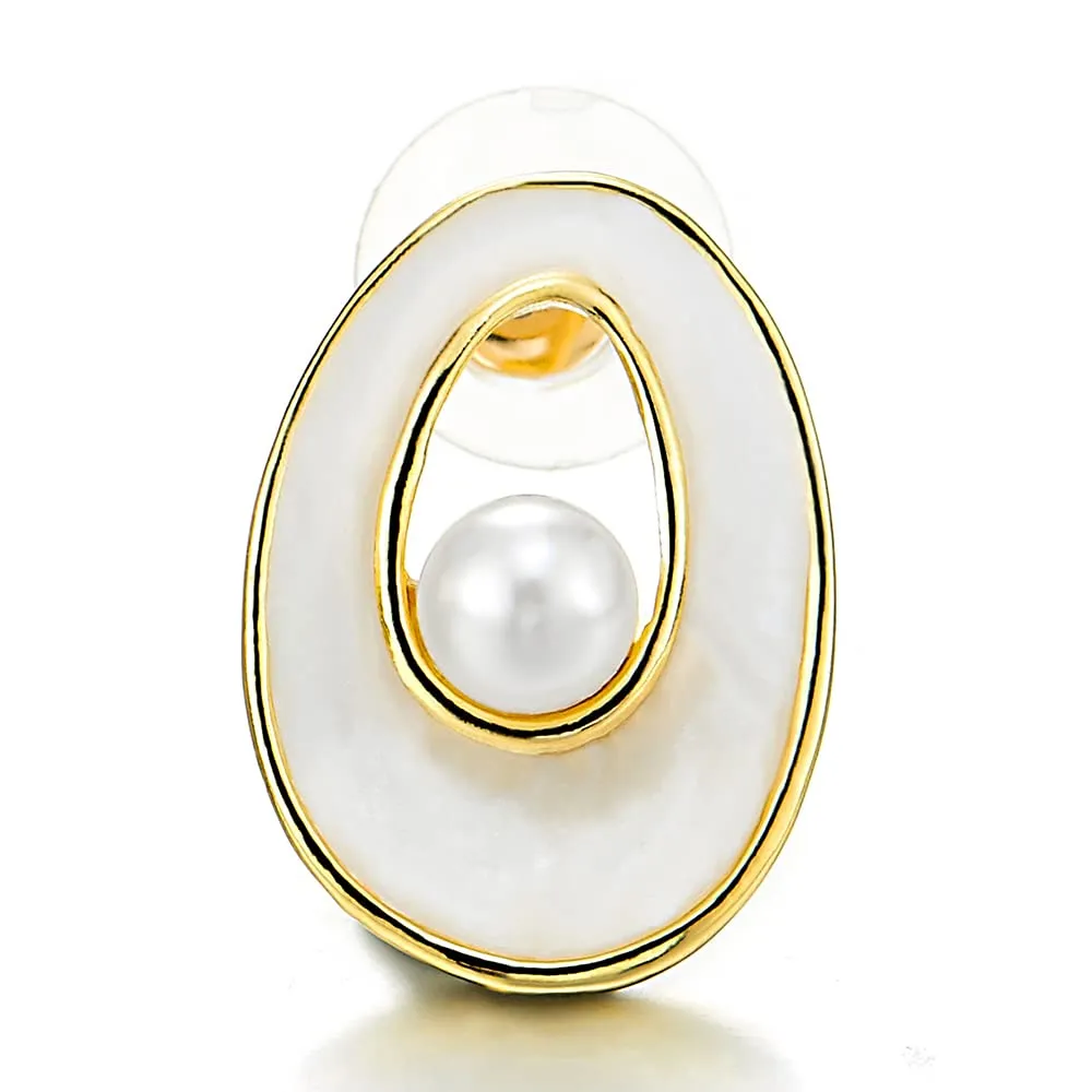 Elegant Gold Color Oval Stud Earrings with Enamel and Pearl