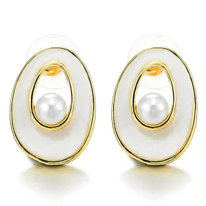 Elegant Gold Color Oval Stud Earrings with Enamel and Pearl