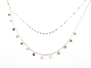 Elegant Layered Design Multi Color Bezel CZ Gold Tone Silver Necklace