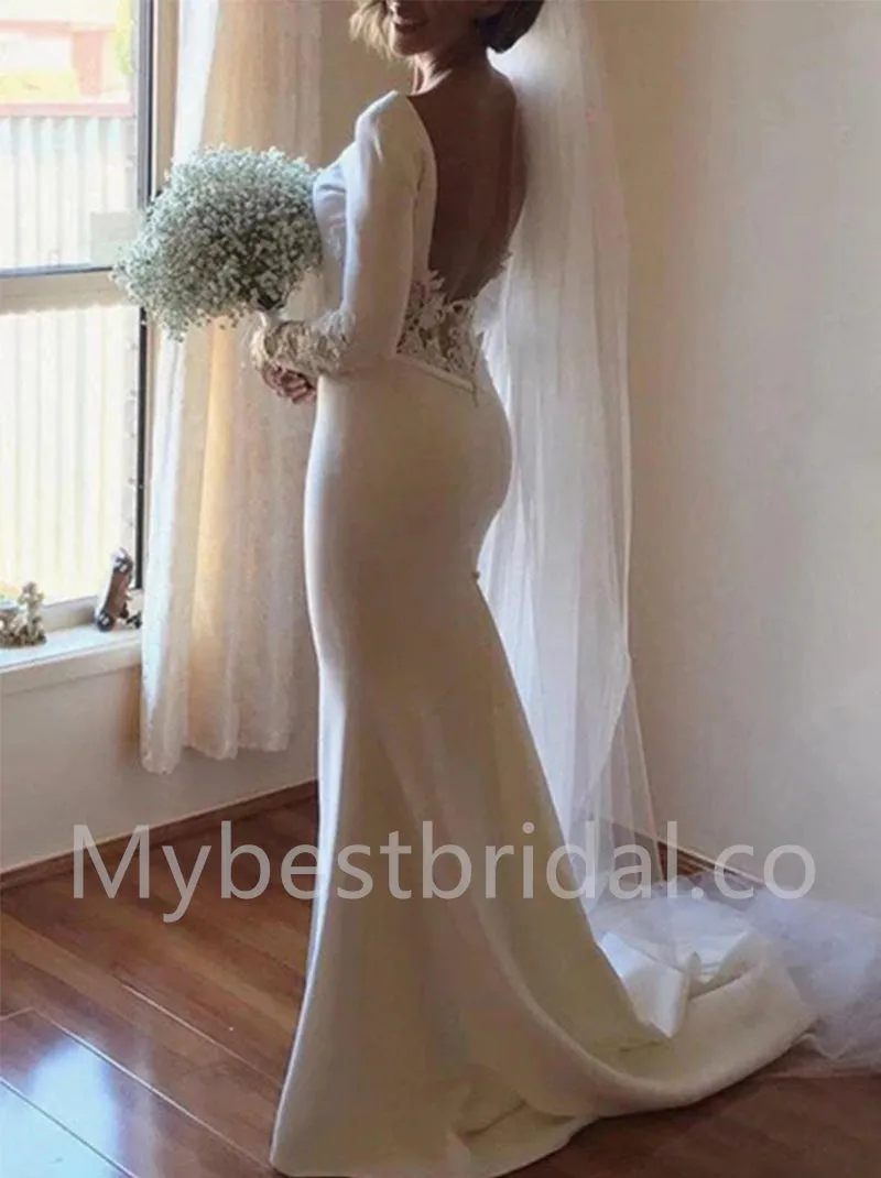 Elegant Long sleeves Side slit Mermaid Lace applique Wedding Dresses, WDY0293