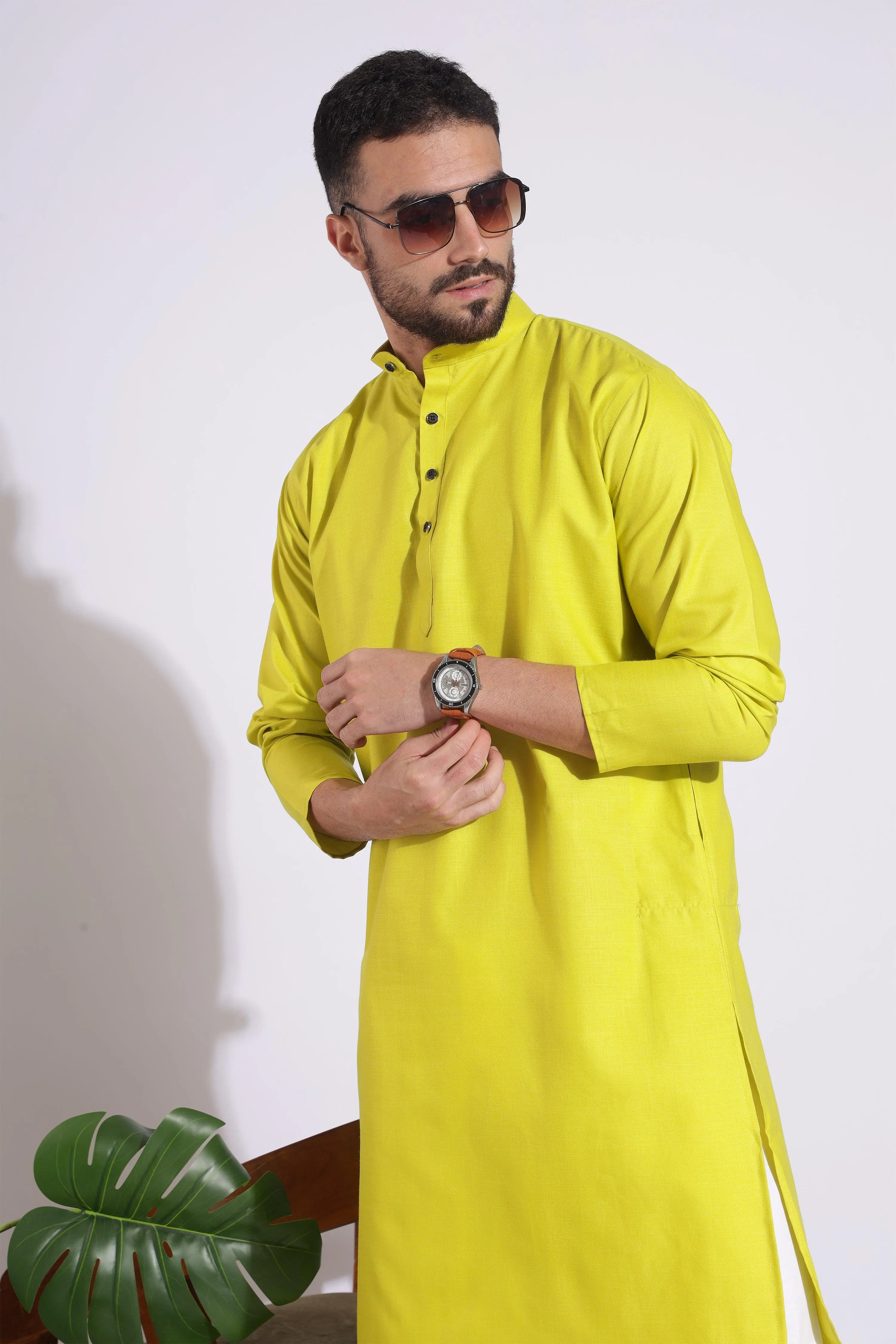 Elegant Plain Cotton Yellow Color Kurta