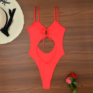 Elegant Solid Color and Bow Tie One-Piece Swimsuit