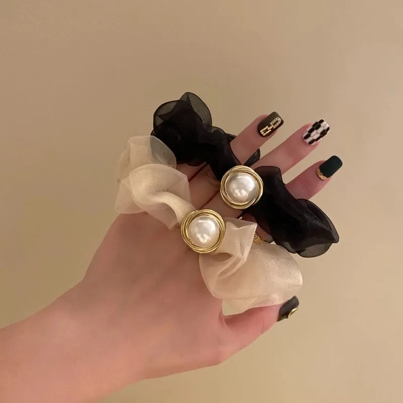 Elegant Solid Color Cloth Organza Inlay Pearl Hair Tie