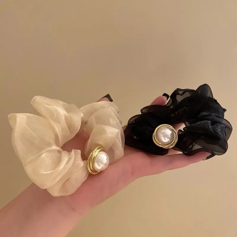 Elegant Solid Color Cloth Organza Inlay Pearl Hair Tie