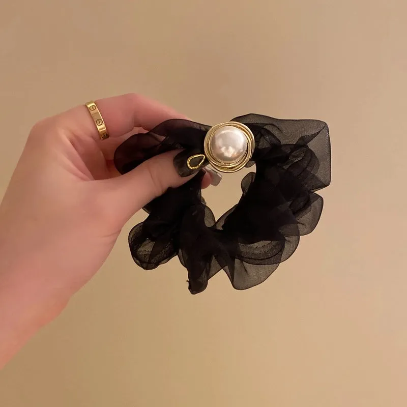 Elegant Solid Color Cloth Organza Inlay Pearl Hair Tie