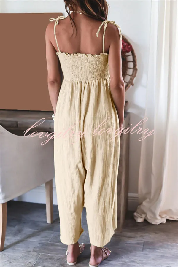 Elegant Solid Color High Waist Linen Blend Suspender Pleated Jumpsuit