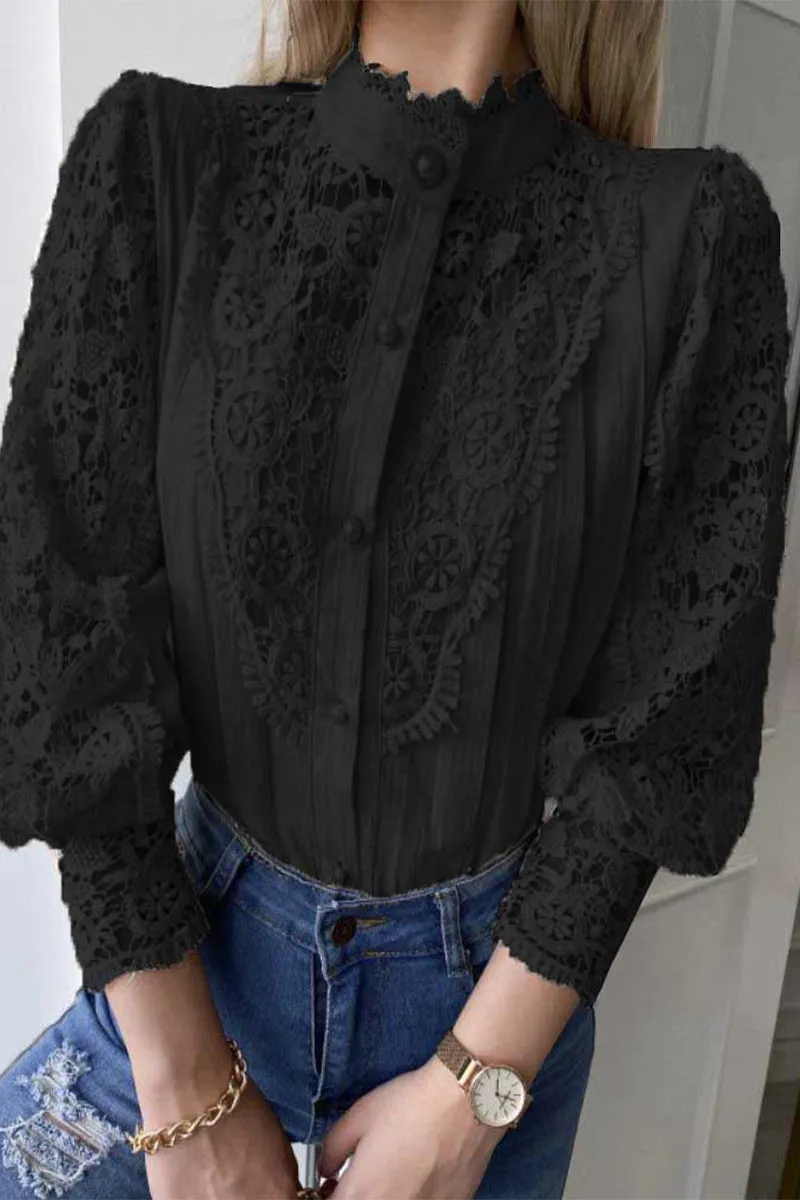 Elegant Solid Lace Mandarin Collar Tops