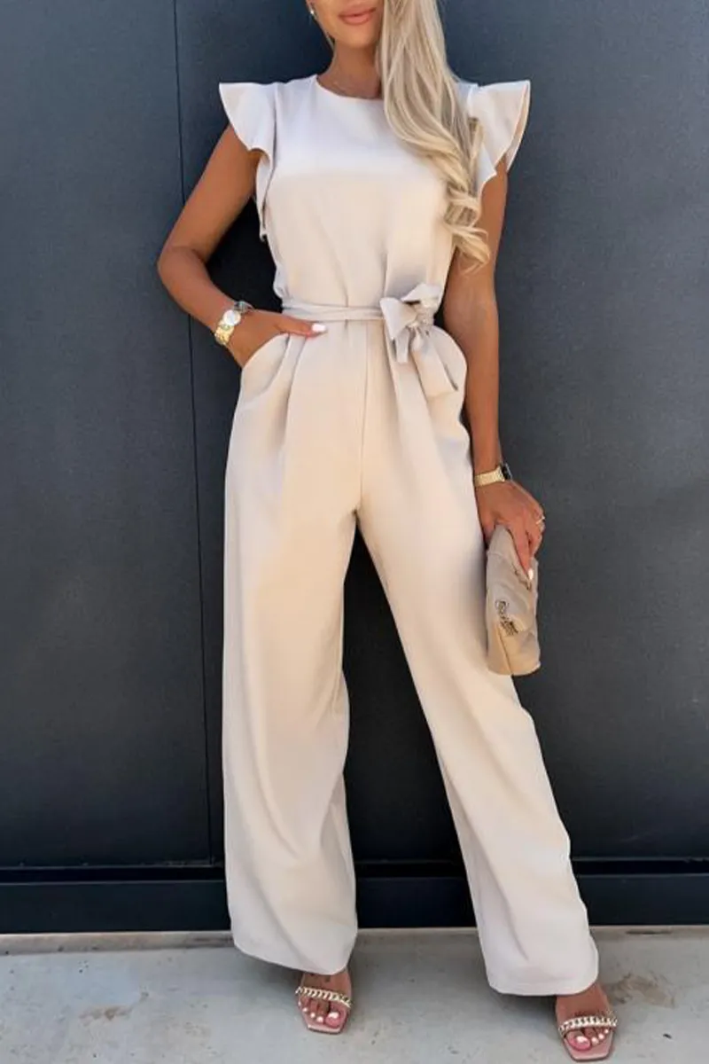 Elegant Solid Pocket Frenulum O Neck Regular Jumpsuits