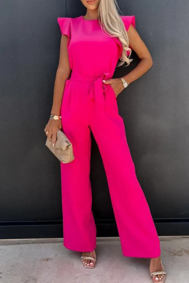 Elegant Solid Pocket Frenulum O Neck Regular Jumpsuits