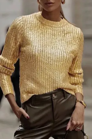 Elegant Solid Sequined O Neck Tops