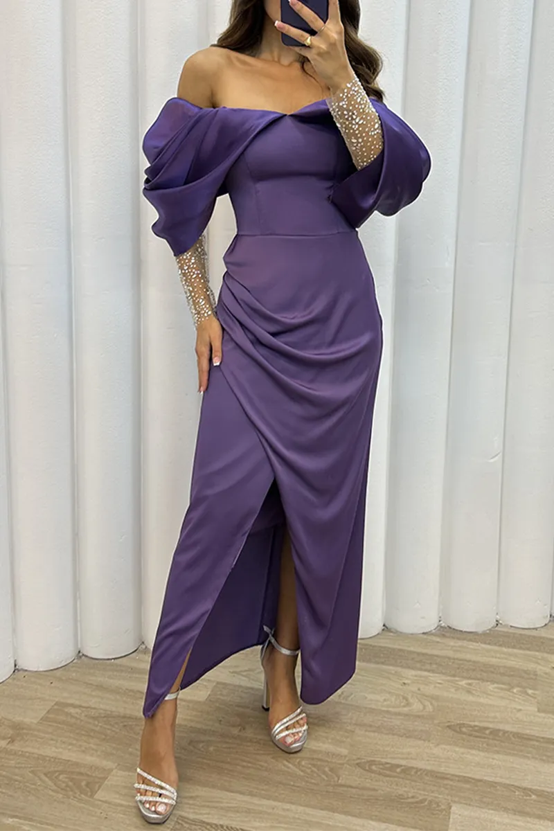 Elegant Solid Slit Fold Off the Shoulder Evening Dress Dresses