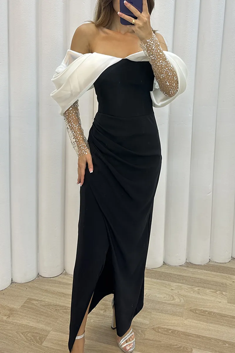 Elegant Solid Slit Fold Off the Shoulder Evening Dress Dresses