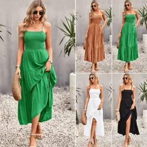 Elegant Strap Dress for Women Pure Color Long Dress