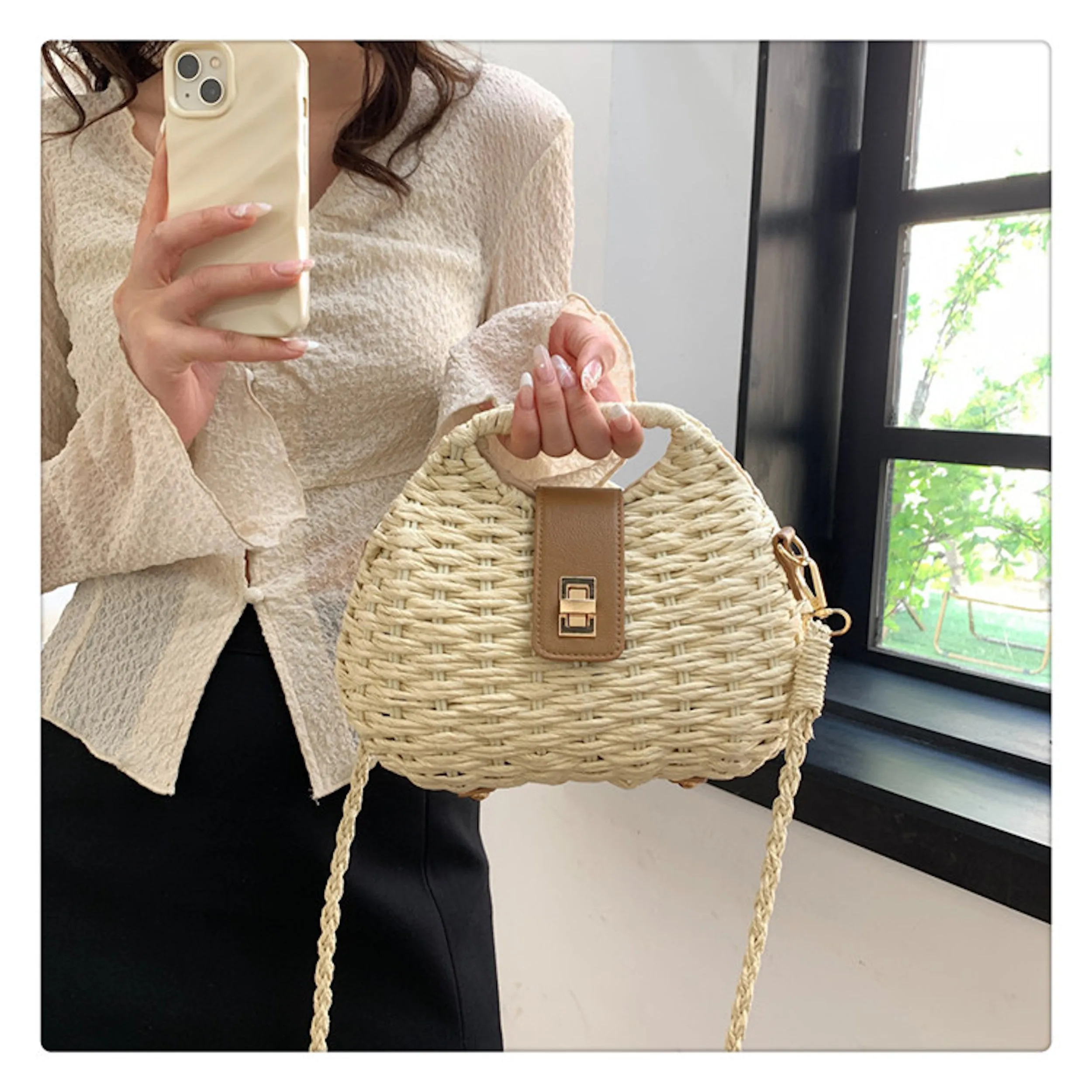 Elena Handbags Straw Shell Shape Crossbody Bag