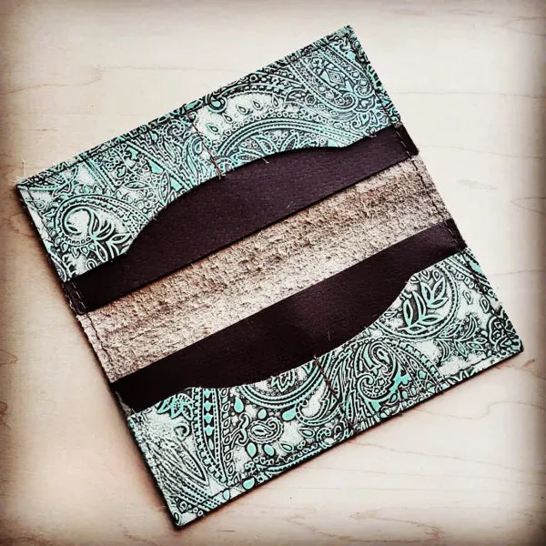 Embossed Leather Wallet in Turquoise Paisley with Snap