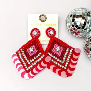 Fashionista Diamond Shaped Beaded Earrings in Red, and Lavender