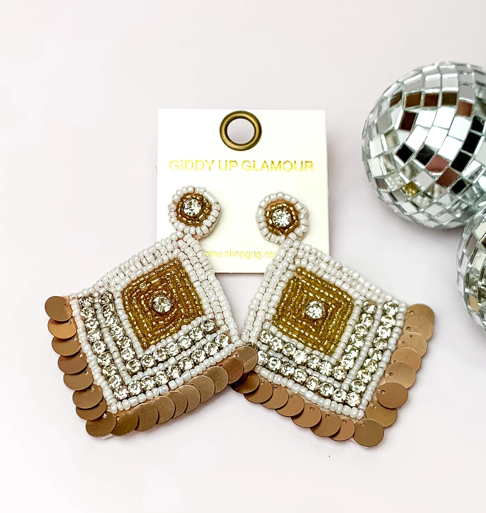 Fashionista Diamond Shaped Beaded Earrings in White, and Gold