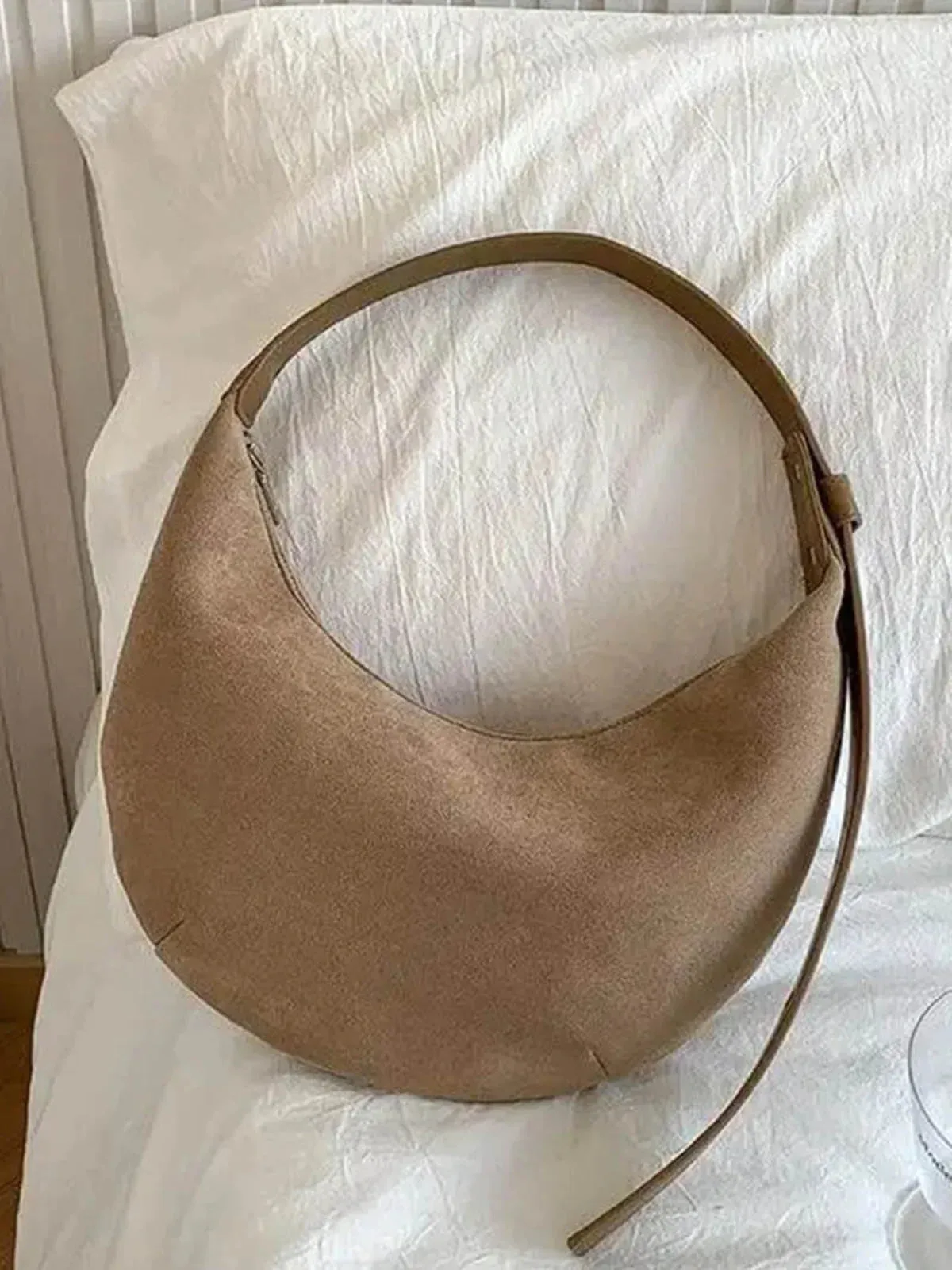 Faux Suede Crescent Shoulder Bag with Soft Buckle Detail